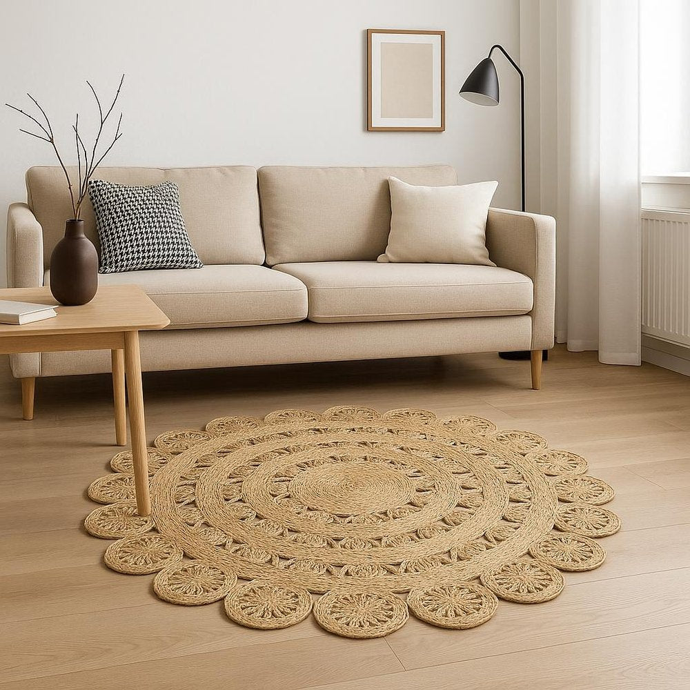 5' X 5' Natural Jute Abstract Geometric Hand Braided Area Rug