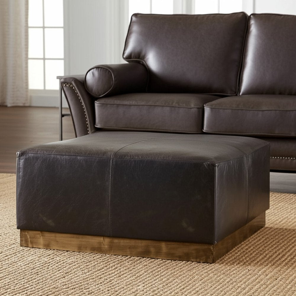 36" Black Faux Leather and Brown Footstool