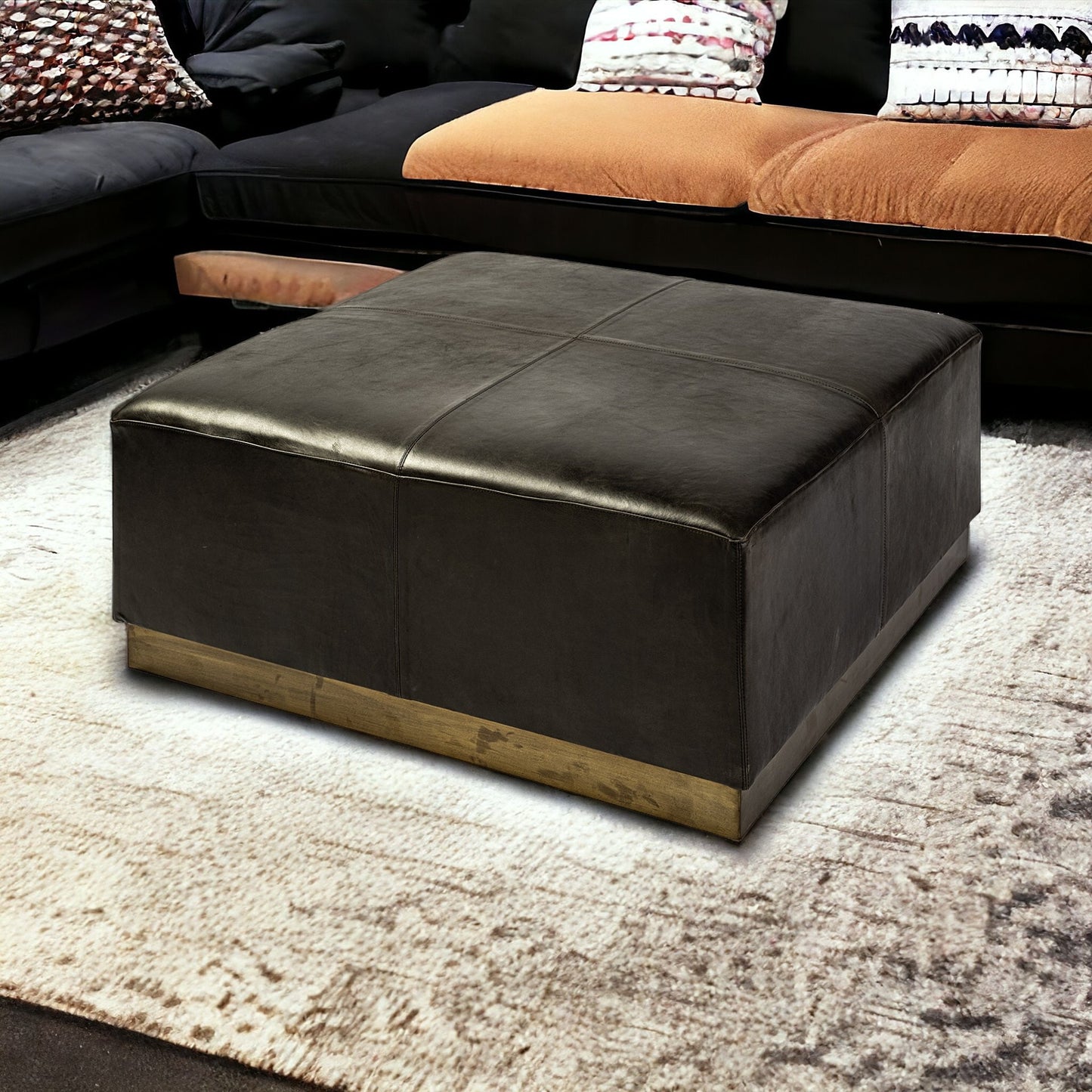 36" Black Faux Leather And Brown Footstool Ottoman