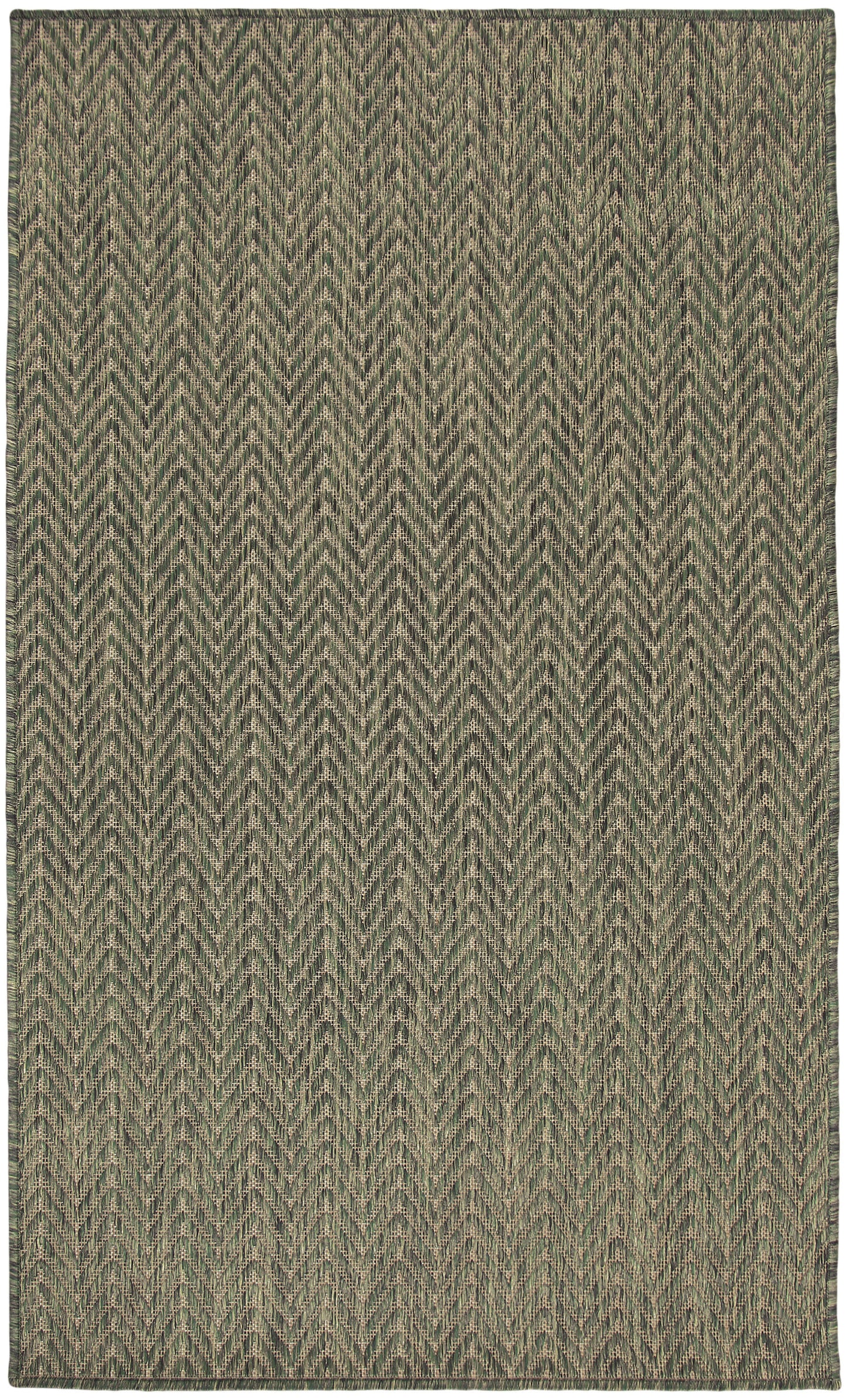 Rectangular woven rug in olive-green and beige chevron zigzag pattern; rustic, versatile floor decor.