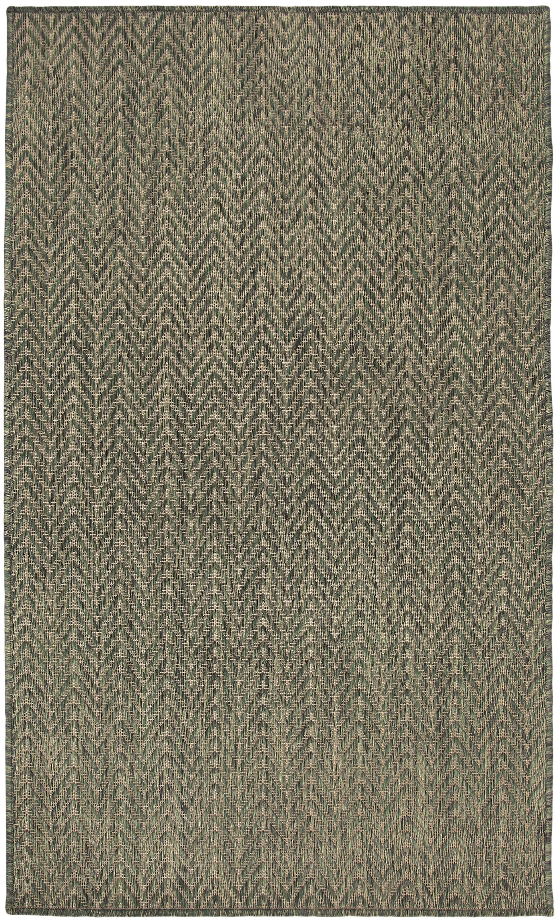Rectangular woven rug in olive-green and beige chevron zigzag pattern; rustic, versatile floor decor.