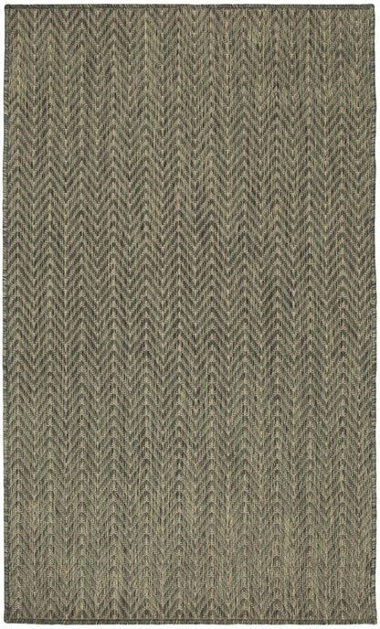 Rectangular woven rug in olive-green and beige chevron zigzag pattern; rustic, versatile floor decor.