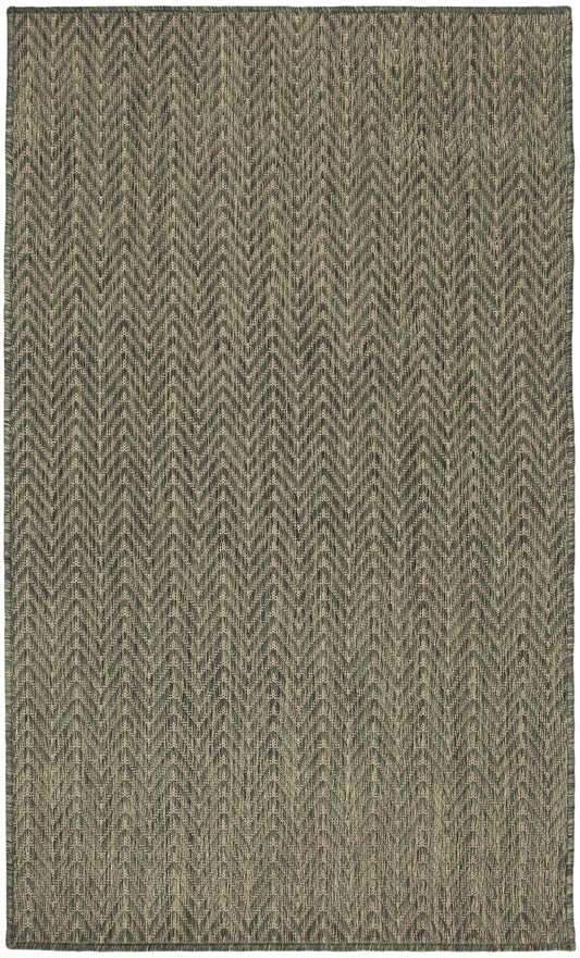 Rectangular woven rug in olive-green and beige chevron zigzag pattern; rustic, versatile floor decor.