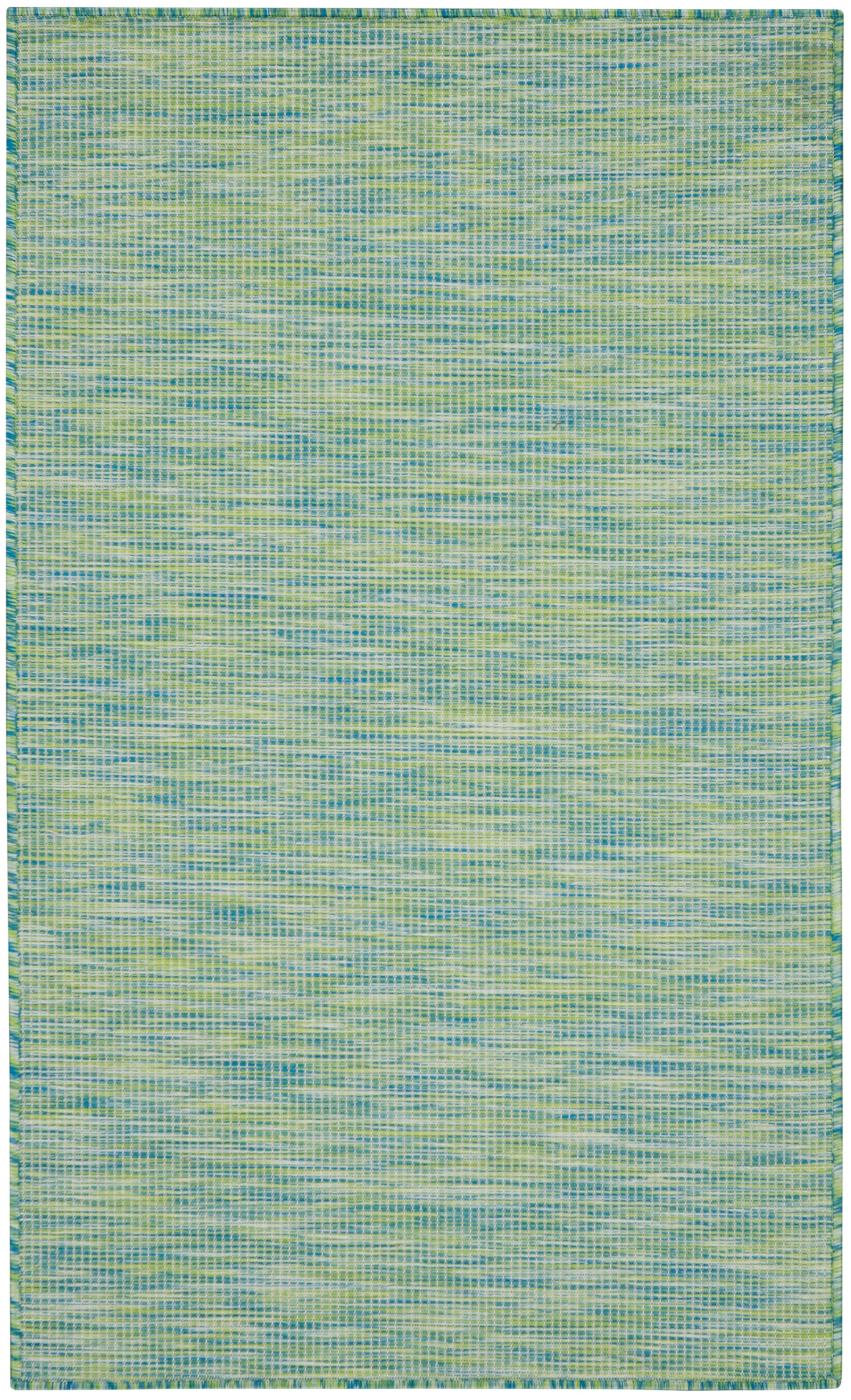 Rectangular woven rug in blue, green and yellow hues with a subtle grid pattern and teal border.