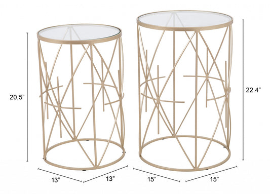 Set of Two Geometric Gold and Glass Side Tables