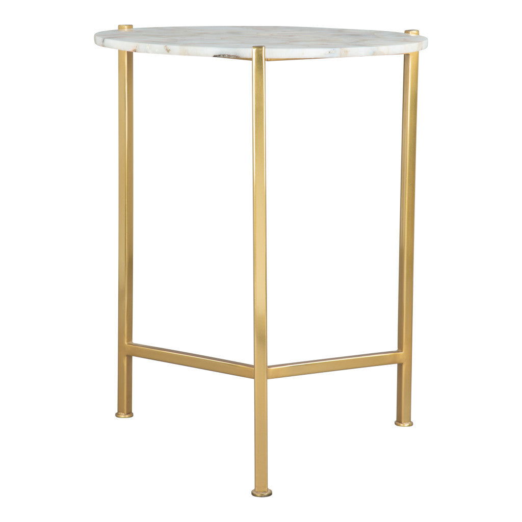 20" Gold And White Genuine Marble Look Round End Table