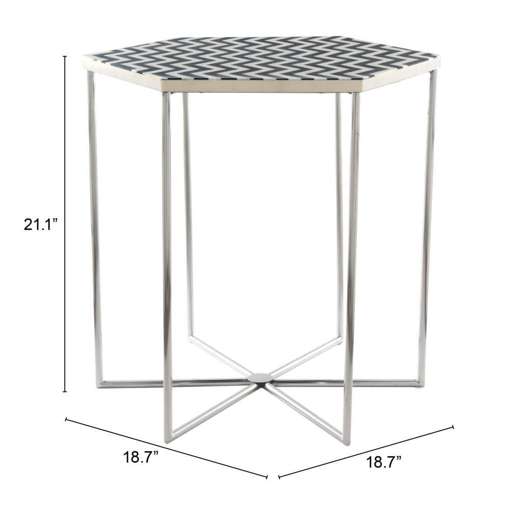 21" Silver And Black And White Stone Hexagon End Table