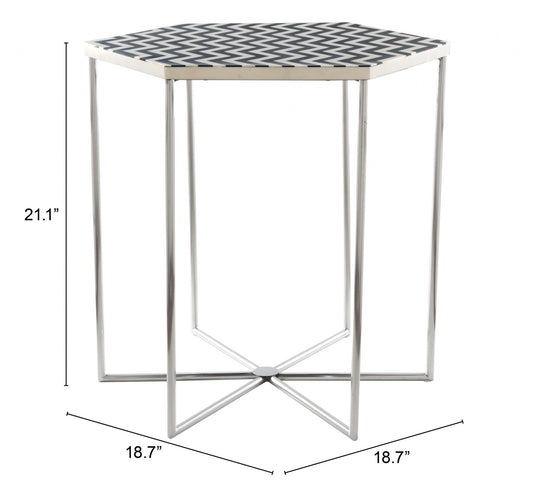 21" Silver And Black And White Stone Hexagon End Table