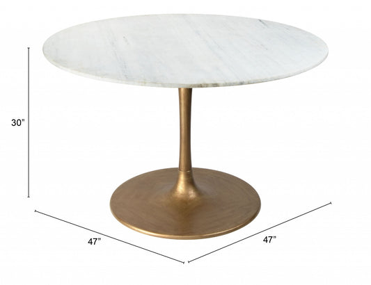 47" White Marble and Gold Round Pedestal Dining Table