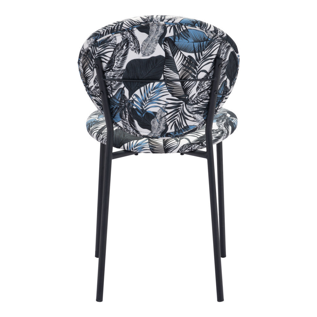 Set of Two Blue Black and White Tropical Design Dining or Side Chairs
