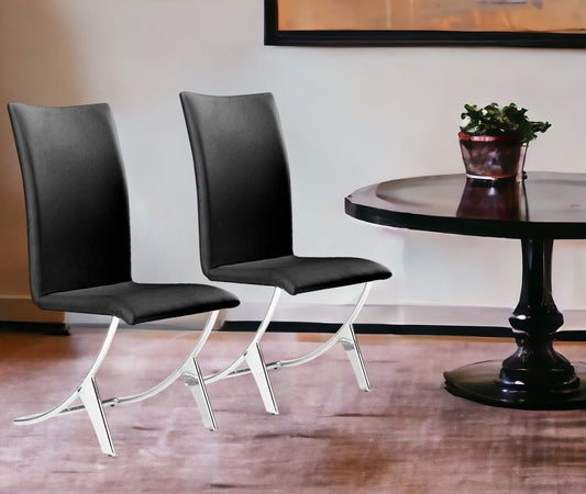 Set of Two Black And Silver Upholstered Faux Leather Dining Side Chairs