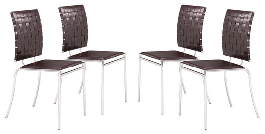 Set of Four Espresso And Silver Upholstered Faux Leather Open Back Dining Side Chairs