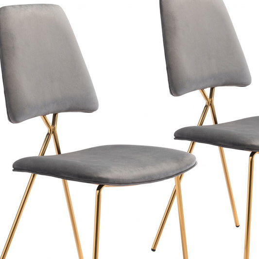 Set of Two Gray And Gold Upholstered Velvet Open Back Dining Side Chairs
