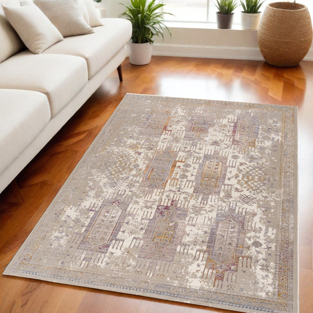 5' X 7' Beige and Ivory Medallion Non Skid Area Rug