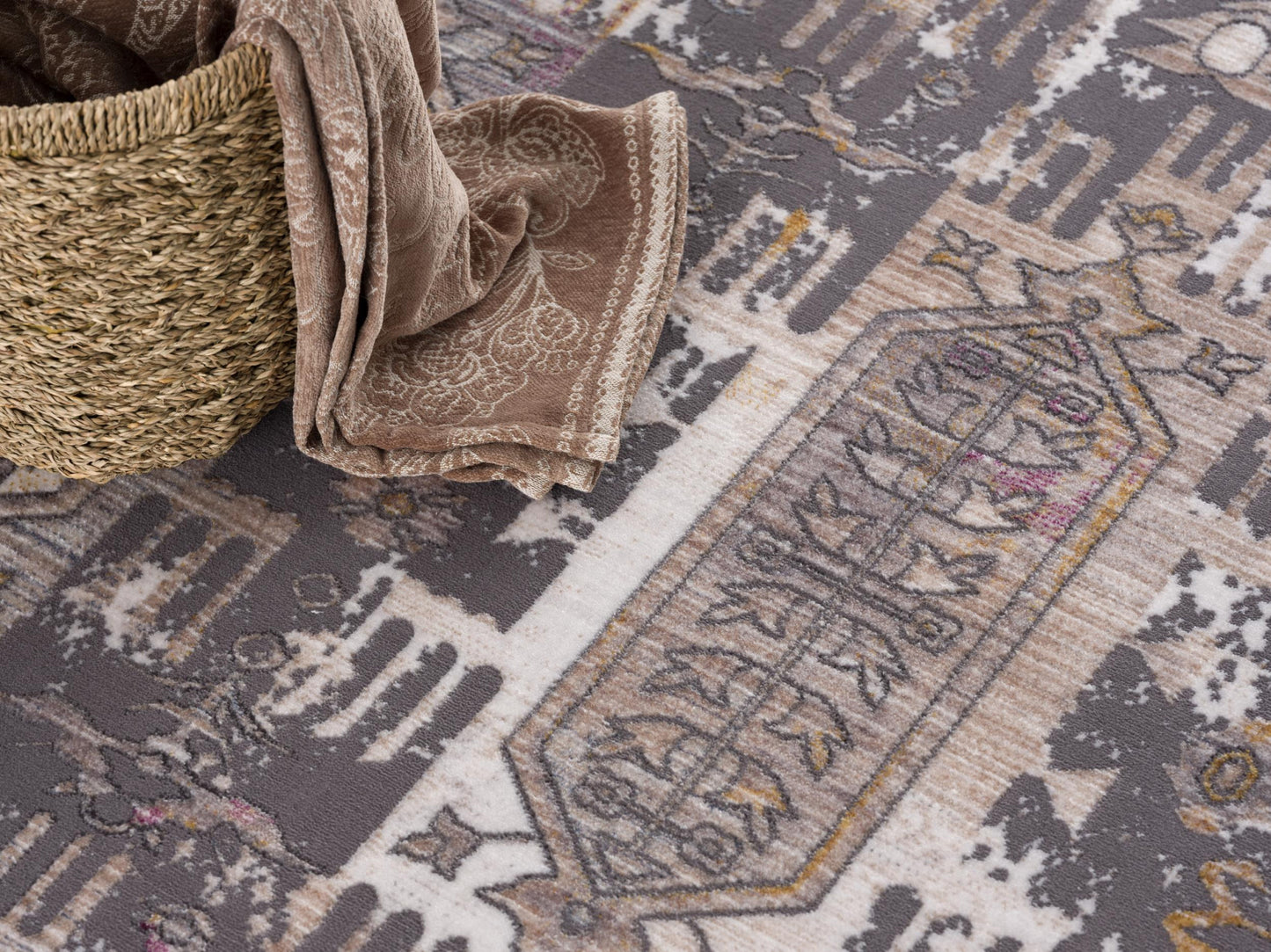 10' Runner Gray and Ivory Oriental Power Loom Runner Rug