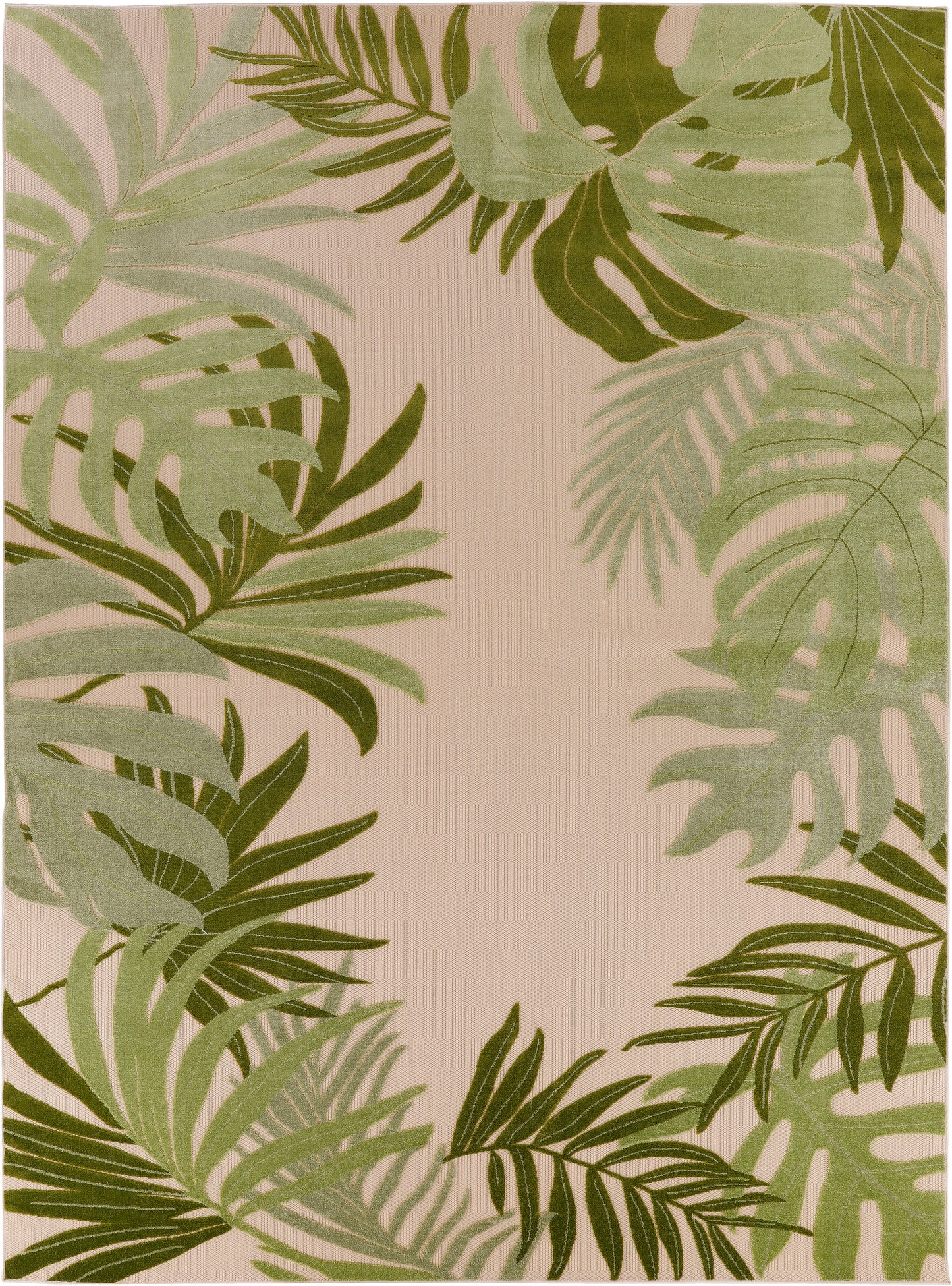 Rectangular beige rug with green palm leaf border & tropical botanical print.