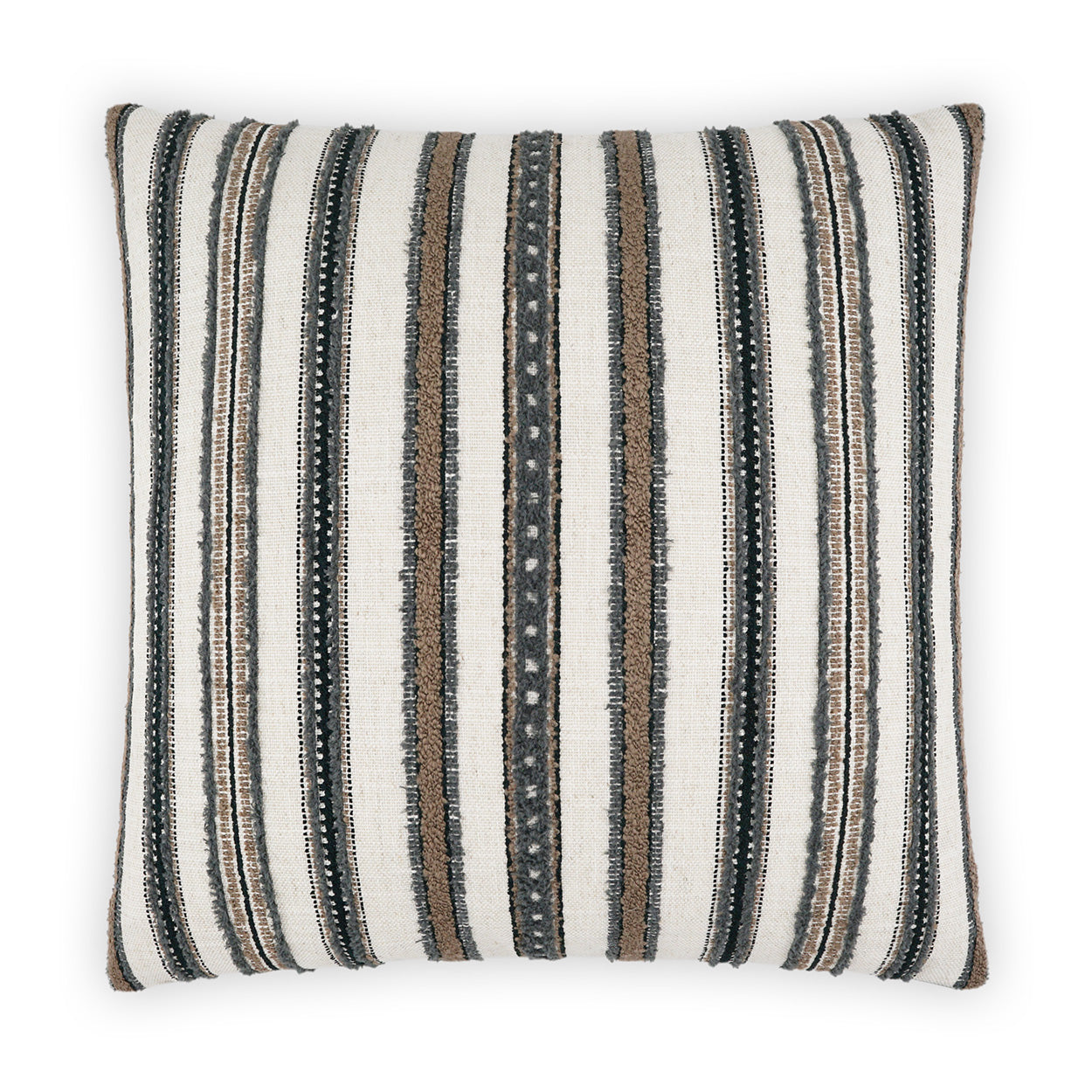 Woven striped throw pillow with grey stripes on a light background; textured fabric.