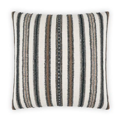 Woven striped throw pillow with grey stripes on a light background; textured fabric.