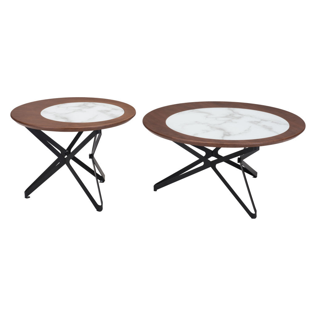 Set of Two 32" Brown White And Black Manufactured Wood Glass And Steel Round Bunching Coffee Tables