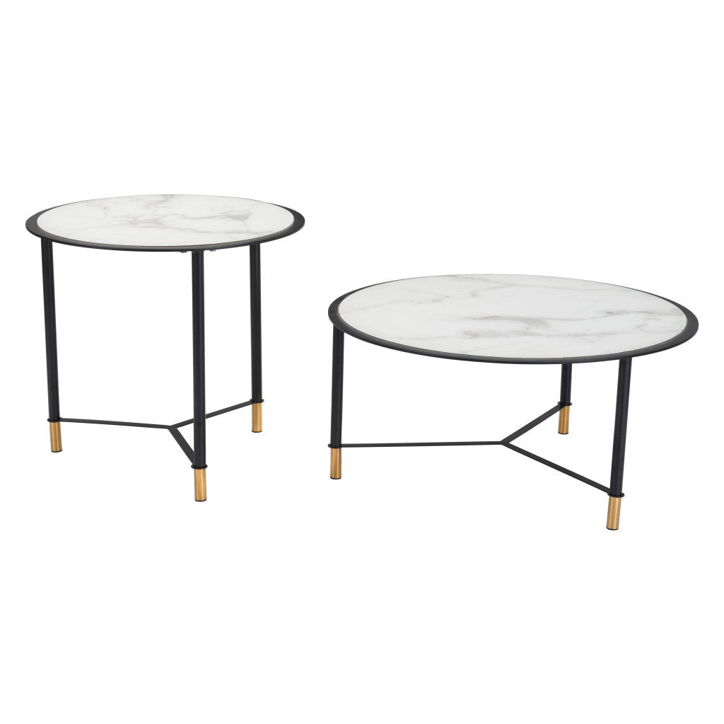 Set of Two 32" White And Black Glass Faux Marble And Steel Round Bunching Coffee Tables