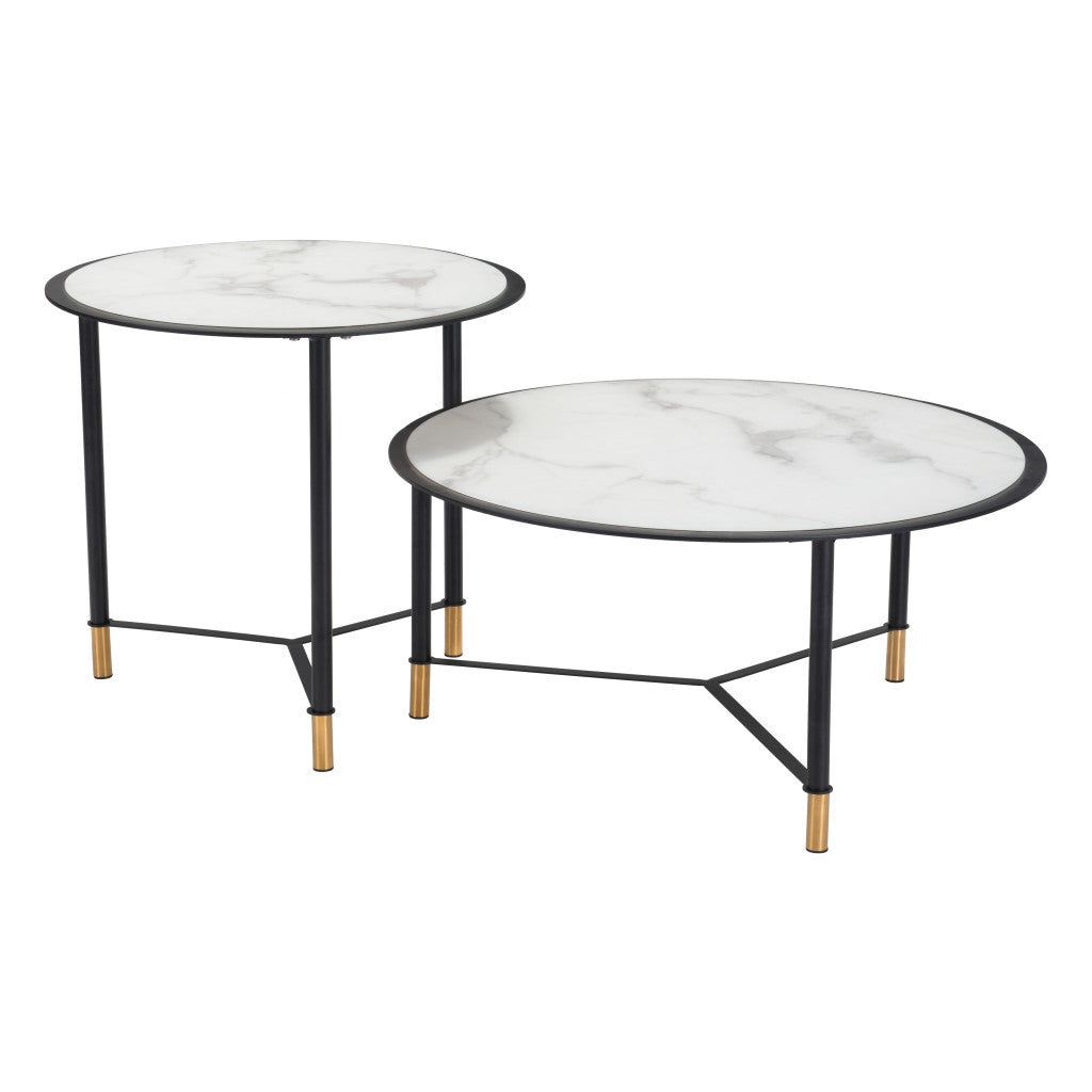 Set of Two 32" White And Black Glass Faux Marble And Steel Round Bunching Coffee Tables