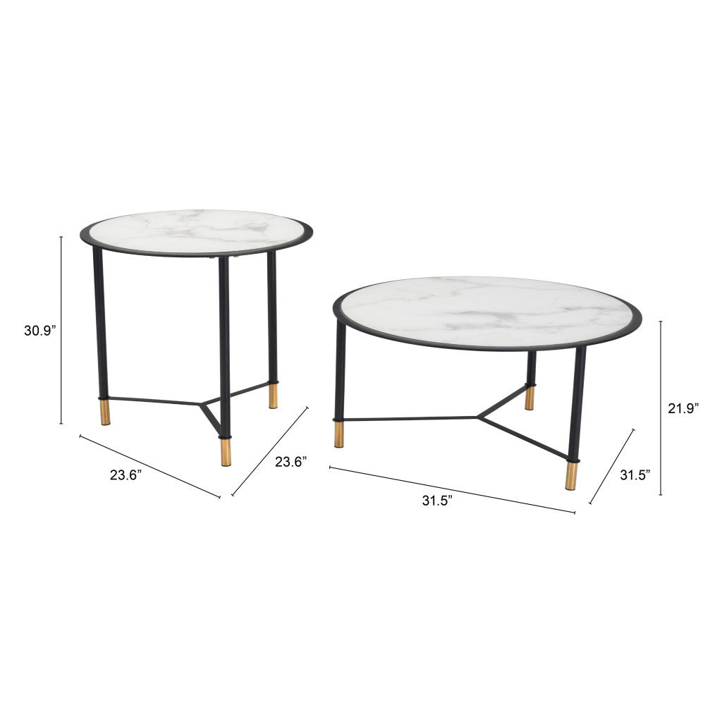 Set of Two 32" White And Black Glass Faux Marble And Steel Round Bunching Coffee Tables