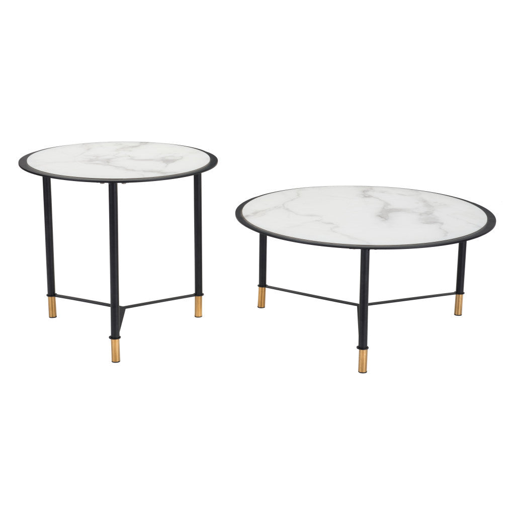 Set of Two 32" White And Black Glass Faux Marble And Steel Round Bunching Coffee Tables