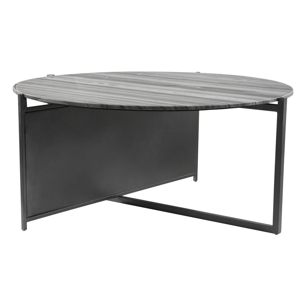 36" Black And Gray Genuine Marble Round Coffee Table
