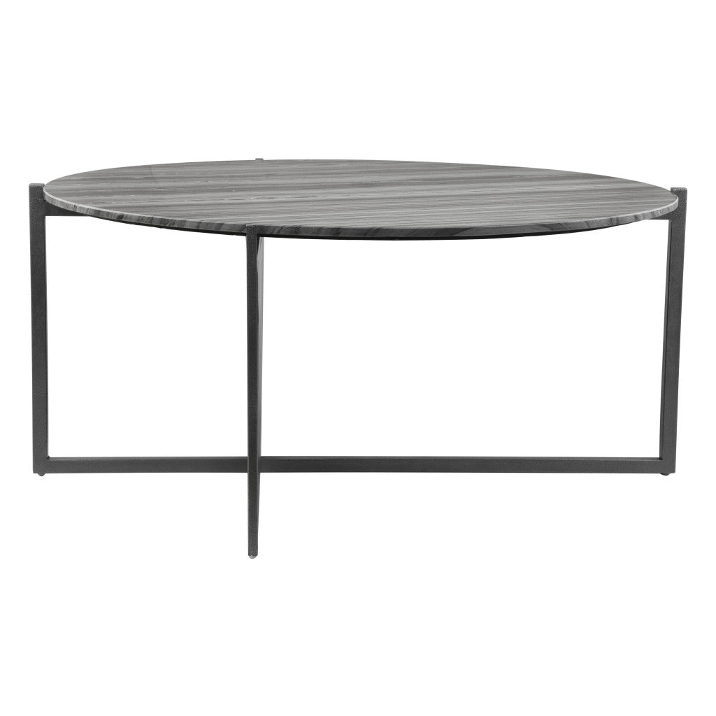 36" Black And Gray Genuine Marble Round Coffee Table