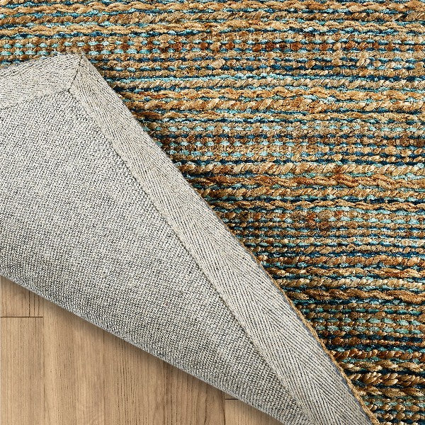 5' X 8' Teal and Natural Braided Jute Area Rug