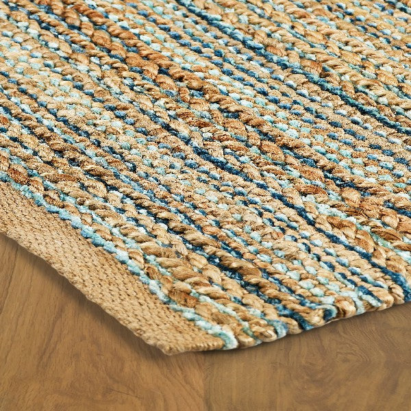 5' X 8' Teal and Natural Braided Jute Area Rug