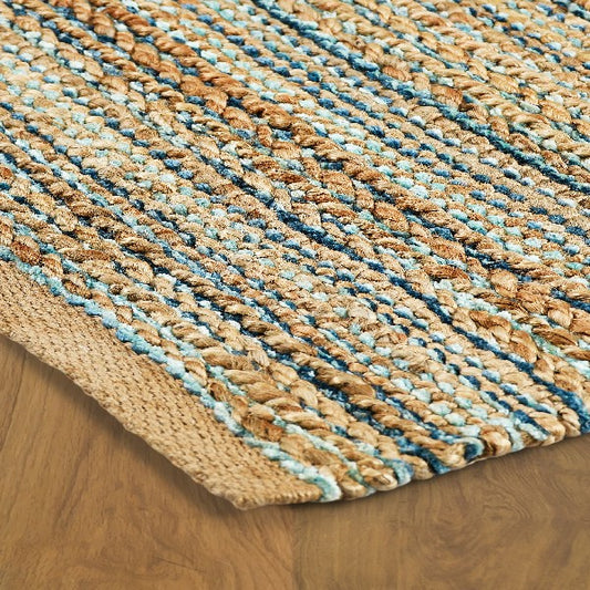 5' X 8' Teal and Natural Braided Jute Area Rug