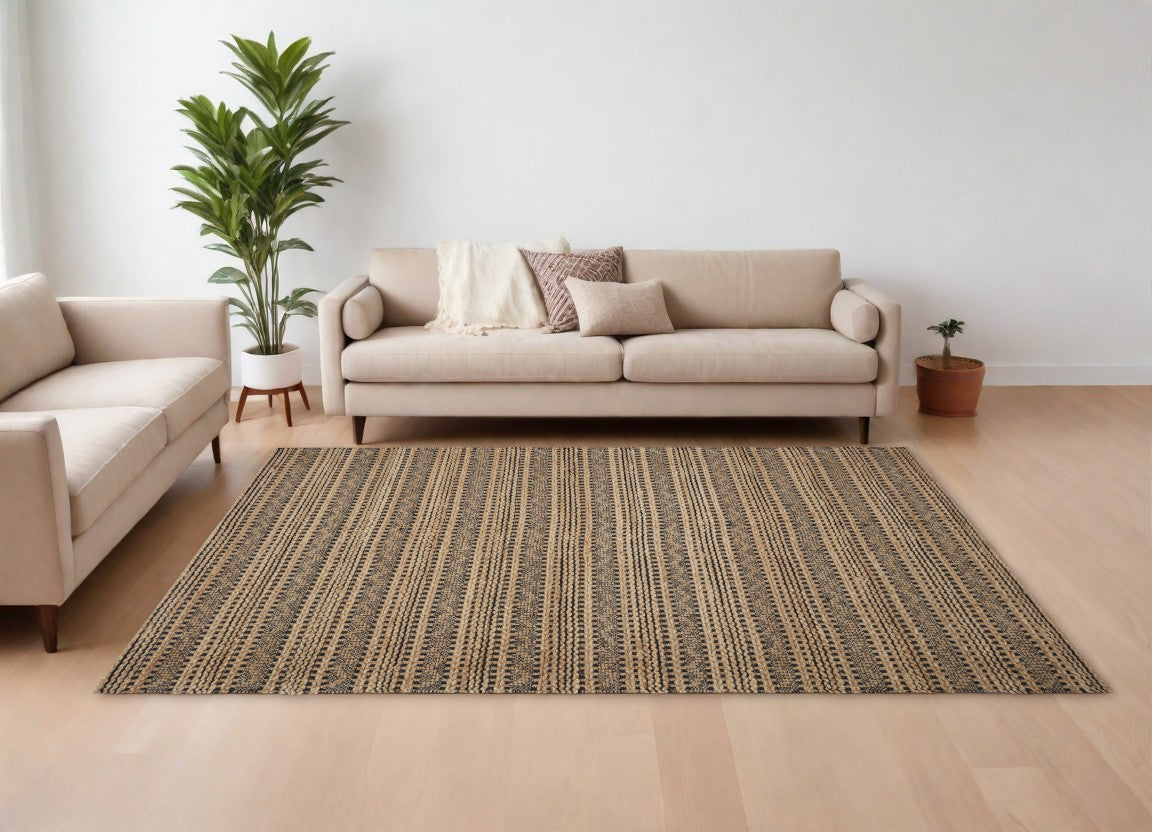 9' X 13' Tan and Black Intricate Striped Area Rug