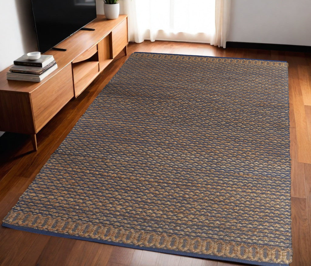 5' X 8' Tan and Blue Detailed Lattice Area Rug