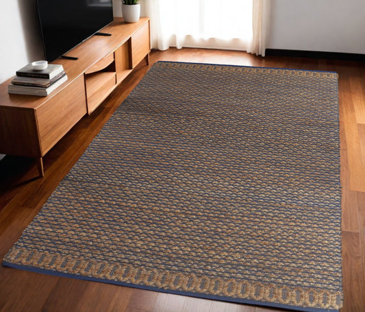 8' X 10' Tan and Blue Detailed Lattice Area Rug