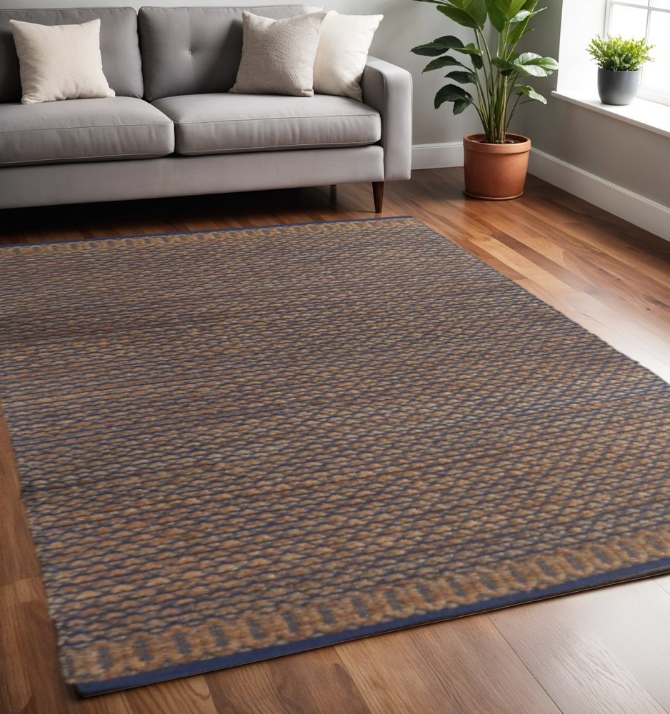 9' X 12' Tan and Blue Detailed Lattice Area Rug