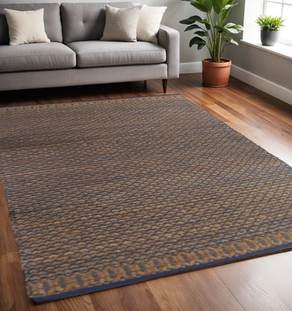 9' X 12' Tan and Blue Detailed Lattice Area Rug
