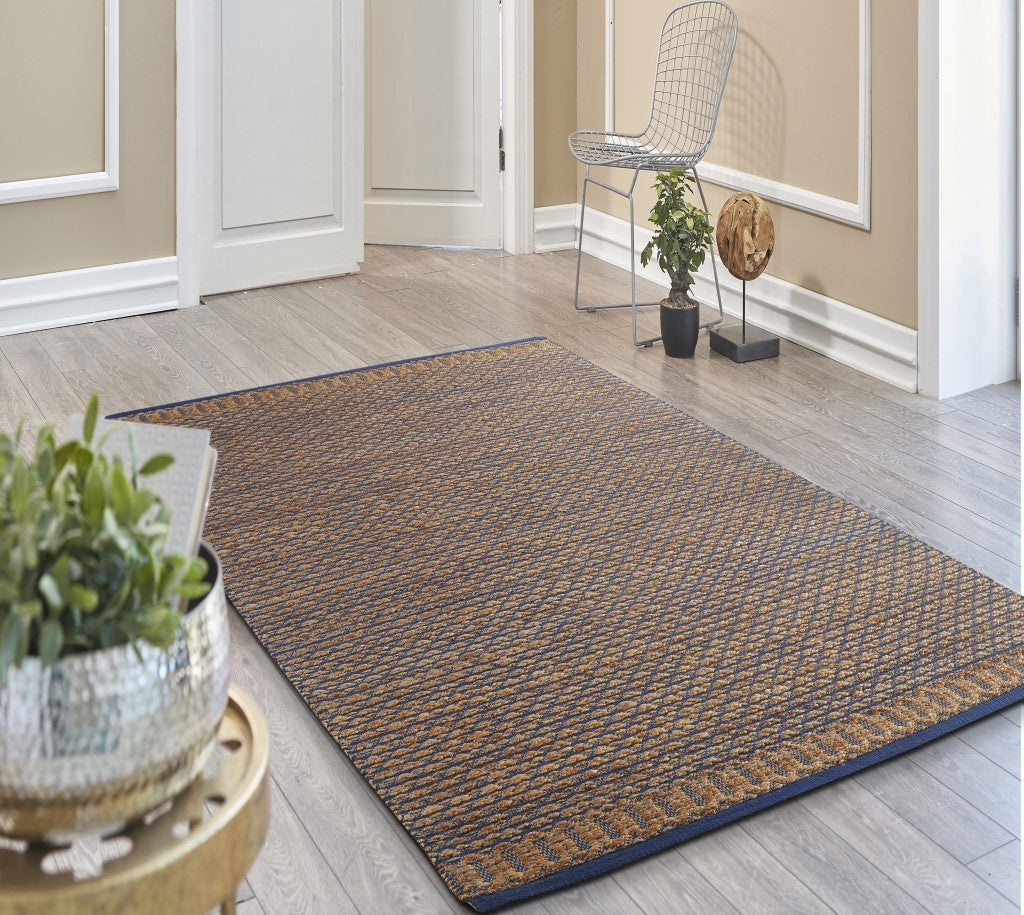 5' X 8' Tan and Blue Detailed Lattice Area Rug