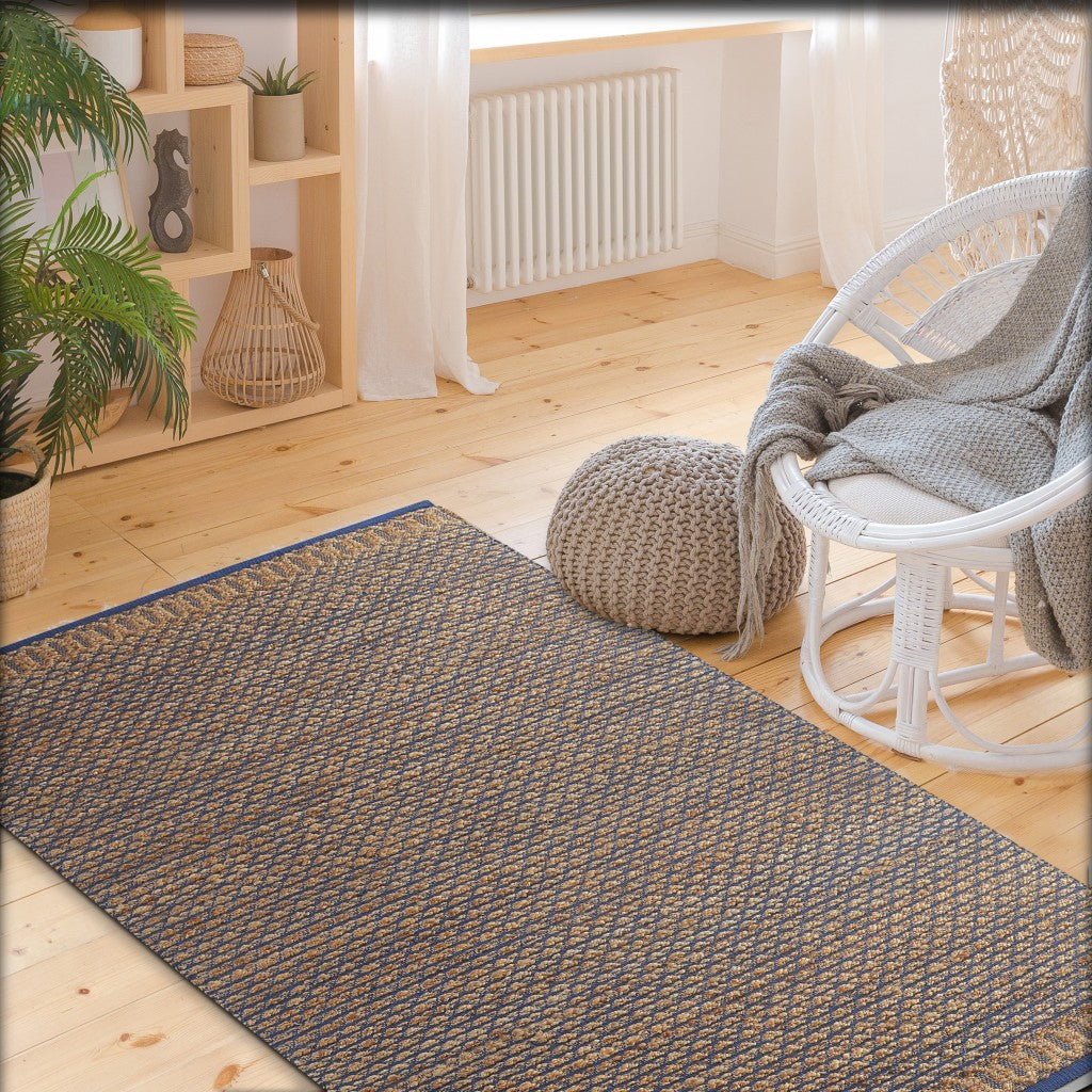 5' X 8' Tan and Blue Detailed Lattice Area Rug