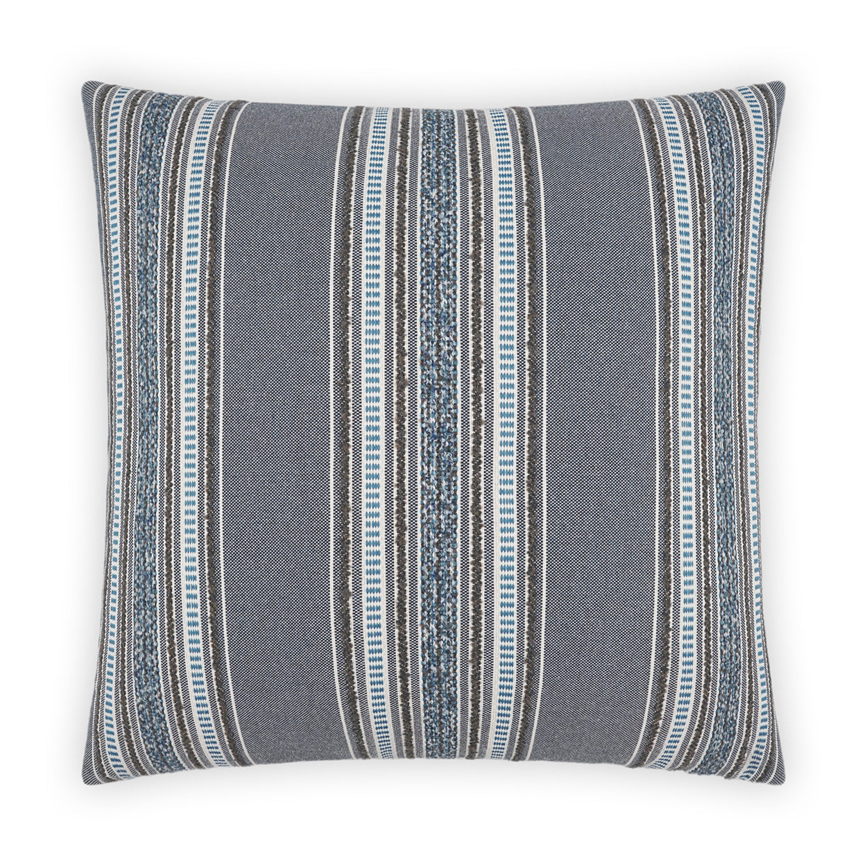 Grey throw pillow with vertical blue and white striped pattern, woven fabric decorative cushion for sofa