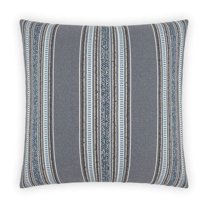 Grey throw pillow with vertical blue and white striped pattern, woven fabric decorative cushion for sofa