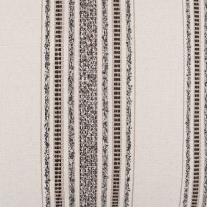 Beige woven pillow with vertical black & gray striped bands and a textured speckled center stripe.