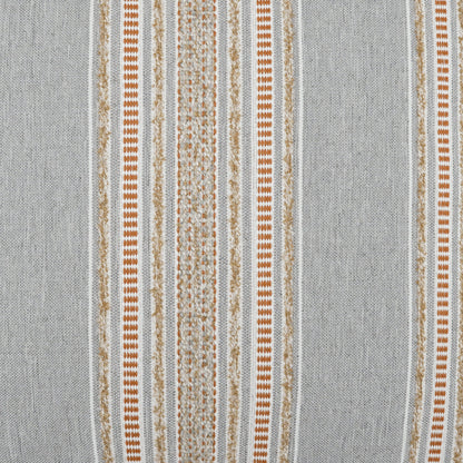 Gray woven fabric with narrow vertical rust-orange, beige and white stripes and subtle texture.