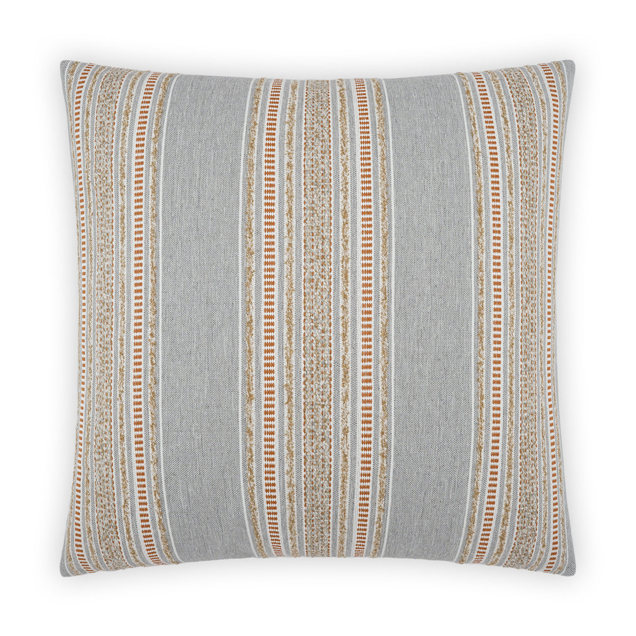 Gray square pillow with vertical woven stripes in tan, beige and ivory; textured, boho-style decor
