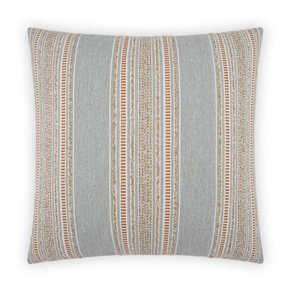 Gray square pillow with vertical woven stripes in tan, beige and ivory; textured, boho-style decor