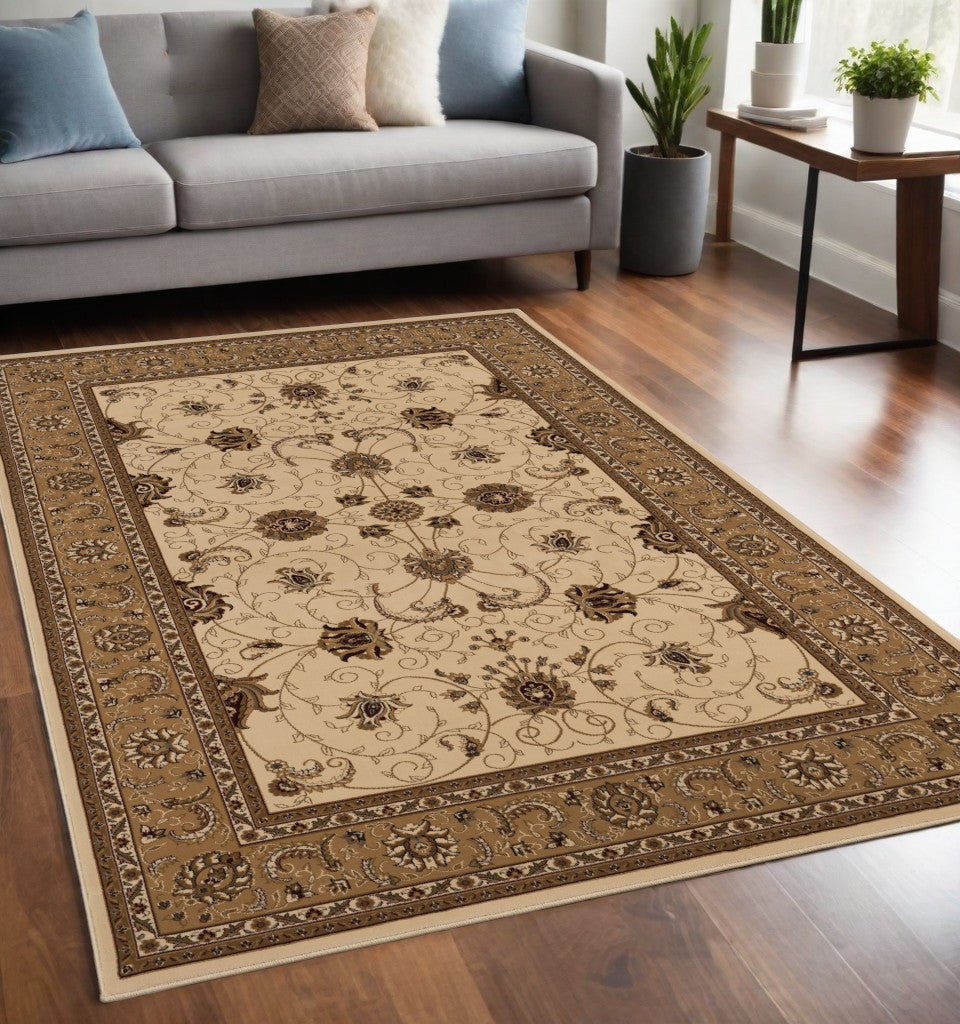 5' X 8' Beige and Ivory Oriental Power Loom Area Rug