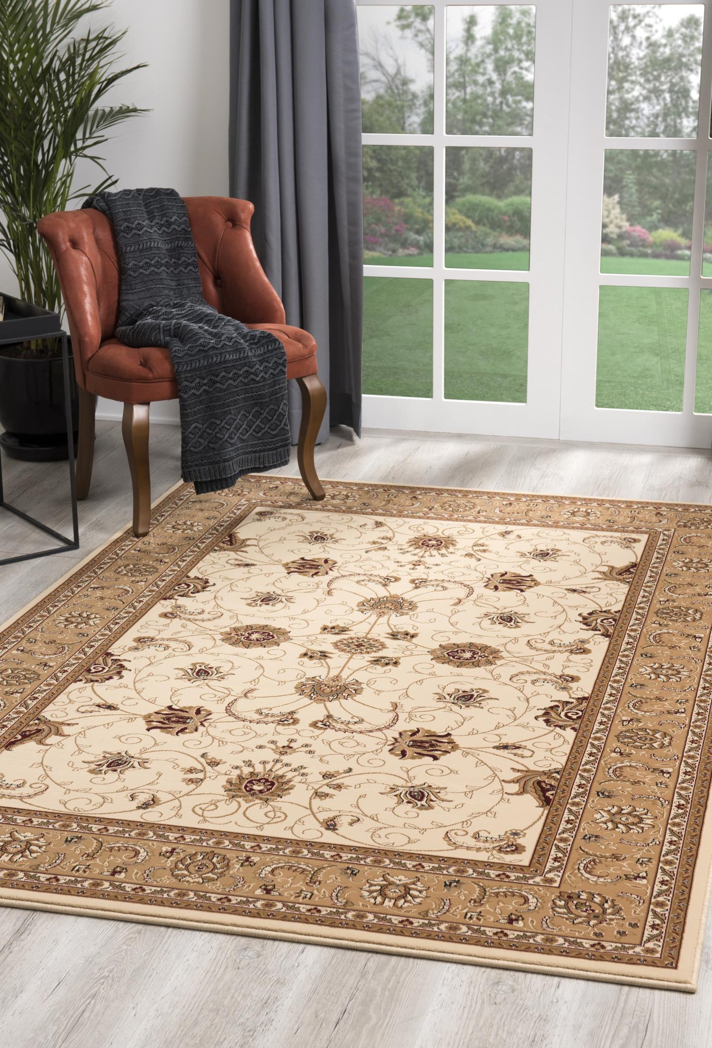 5' X 8' Beige and Ivory Oriental Power Loom Area Rug