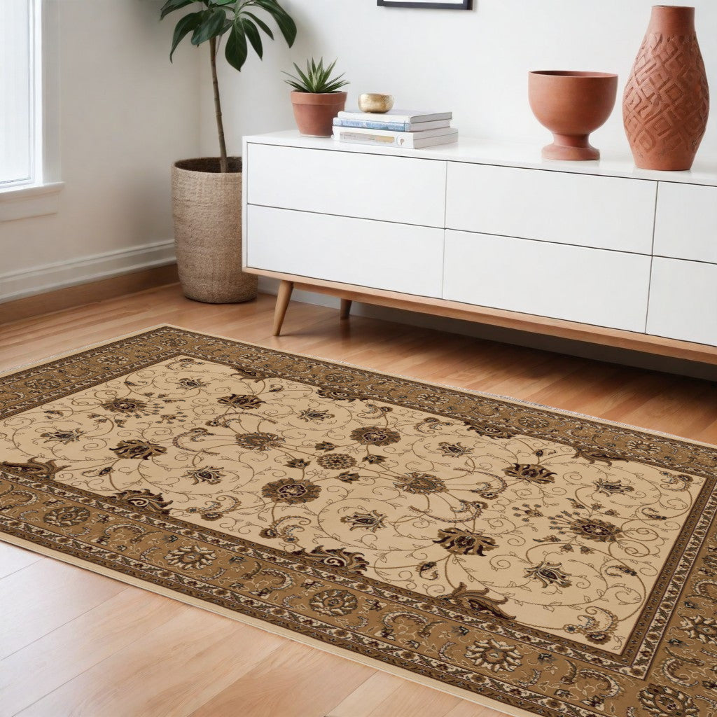 5' x 8' Beige and Ivory Oriental Power Loom Area Rug