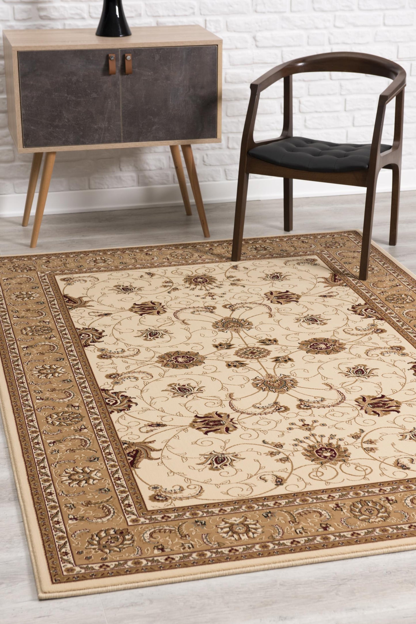 5' X 8' Beige and Ivory Oriental Power Loom Area Rug