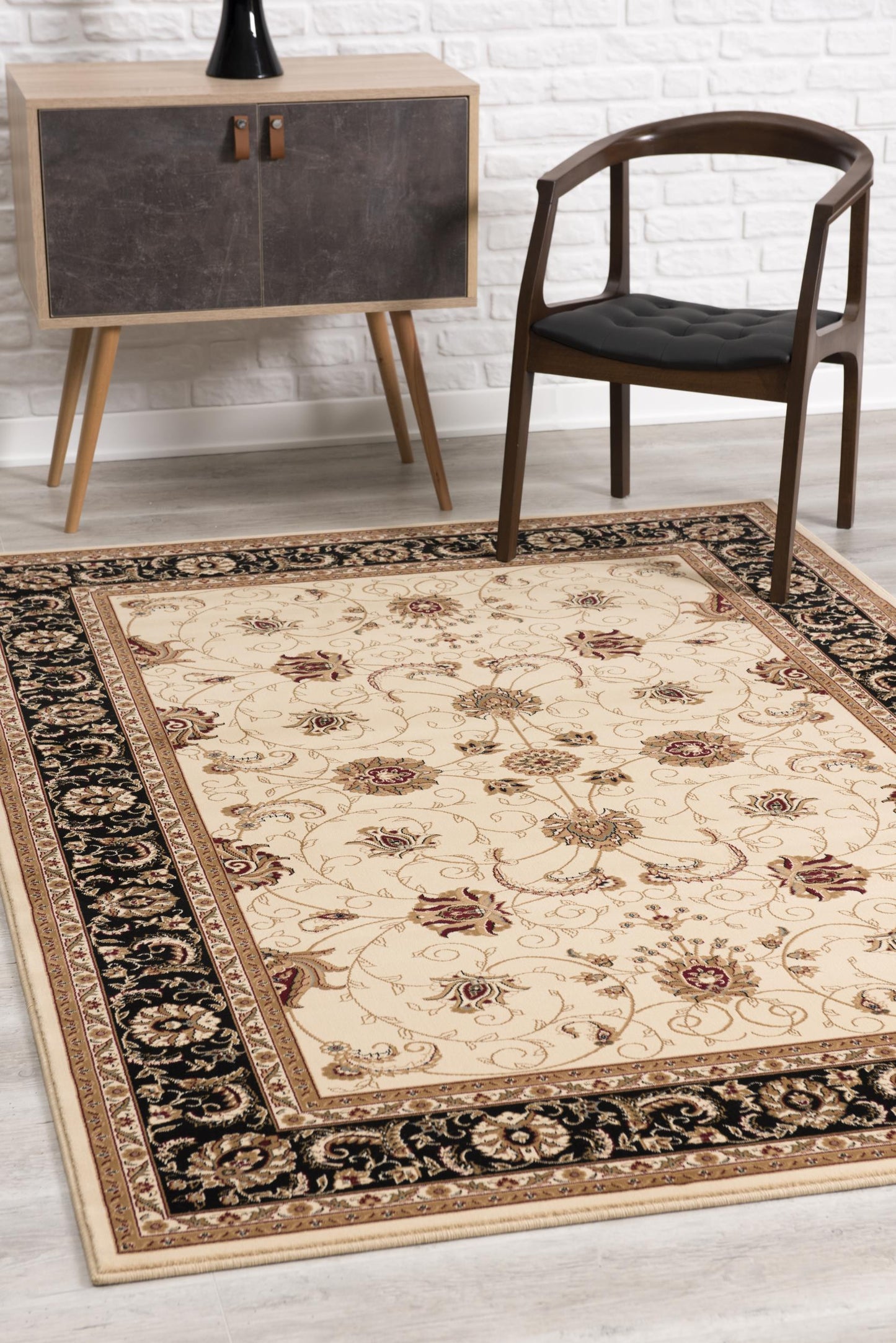 7' X 9' Black and Ivory Oriental Power Loom Area Rug